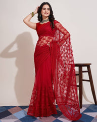 Chikankari Embroidery Soft Net Red Saree with Mono Banglory Blouse Piece and Piping Lace Colorful Saree