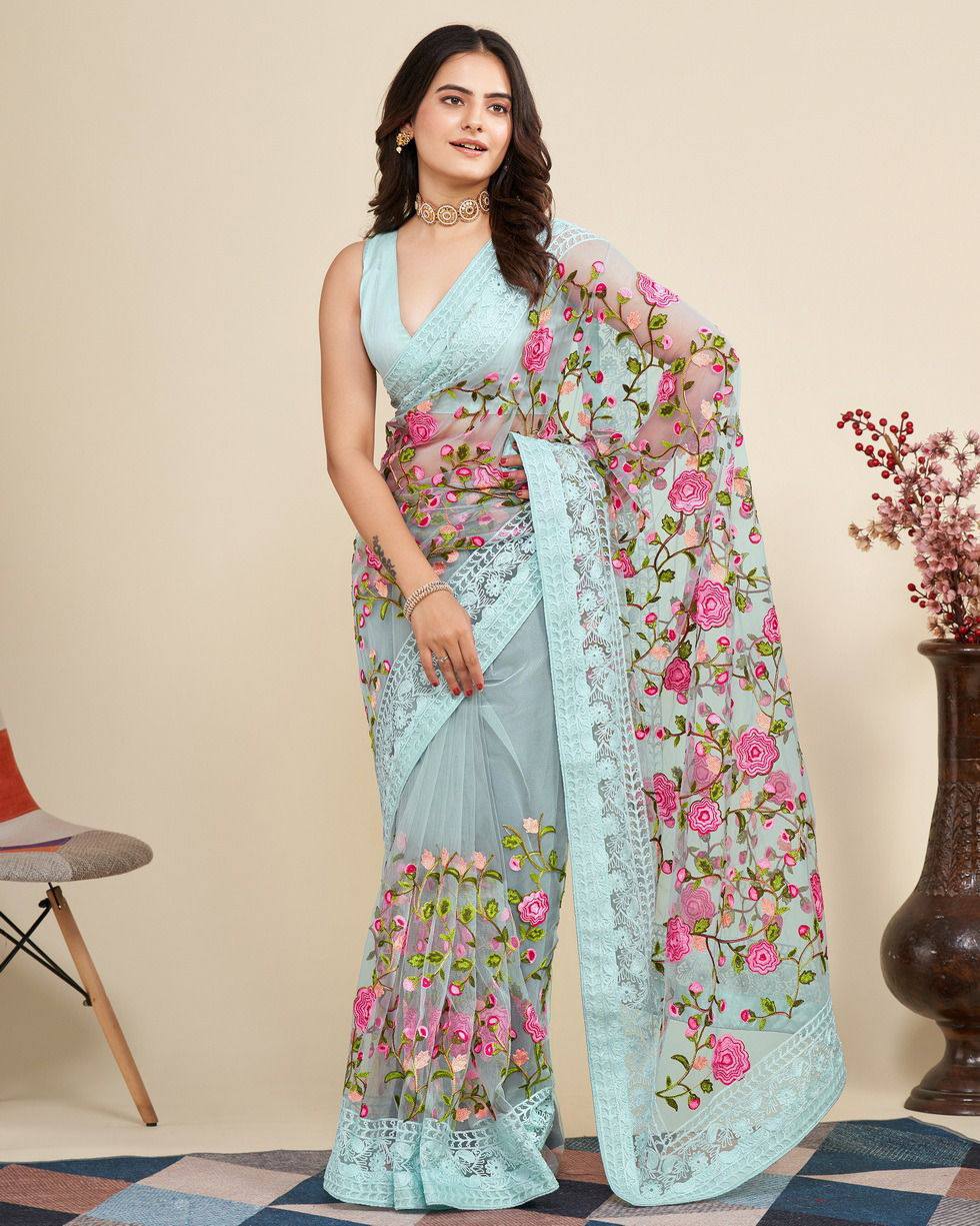 Chikankari Embroidery Soft Net Sky Blue Saree with Mono Banglory Blouse Colorful Saree