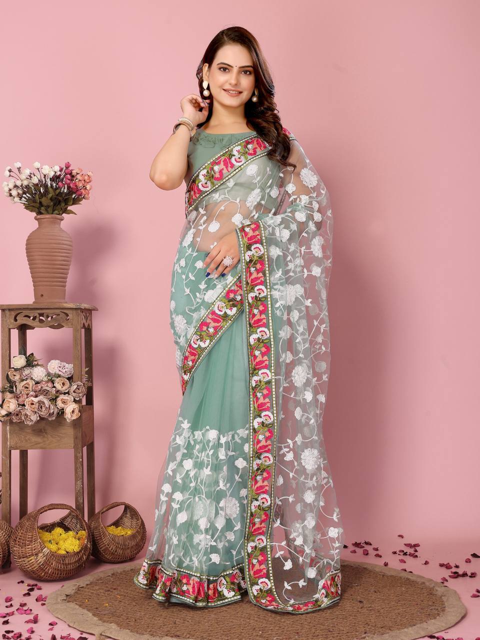 Chikankari Embroidery Soft Net Sky Blue Saree with Mono Banglory Blouse Colorful Saree