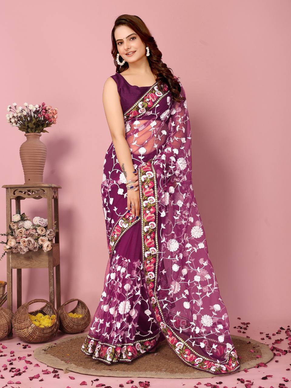 Chikankari Embroidery Soft Net Wine Saree with Mono Banglory Blouse Colorful Saree