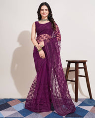 Chikankari Embroidery Soft Net Wine Saree with Mono Banglory Blouse Piece and Piping Lace Colorful Saree