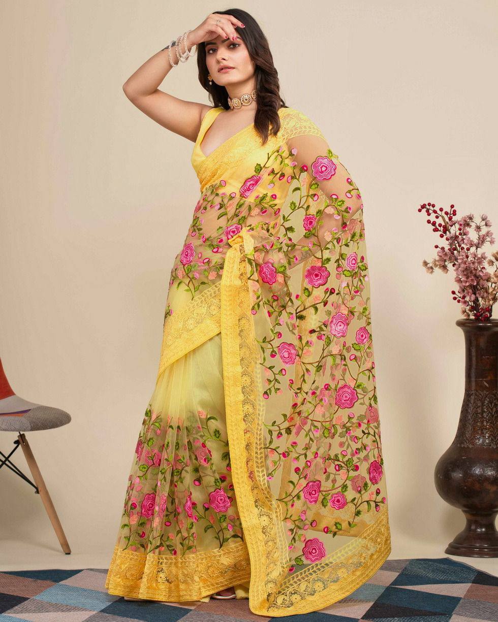 Chikankari Embroidery Soft Net Yellow Saree with Mono Banglory Blouse Colorful Saree