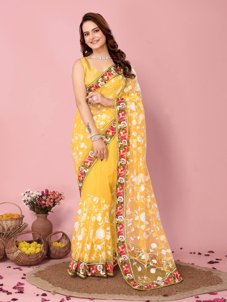 Chikankari Embroidery Soft Net Yellow Saree with Mono Banglory Blouse Colorful Saree