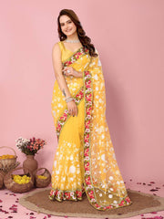 Chikankari Embroidery Soft Net Yellow Saree with Mono Banglory Blouse Colorful Saree