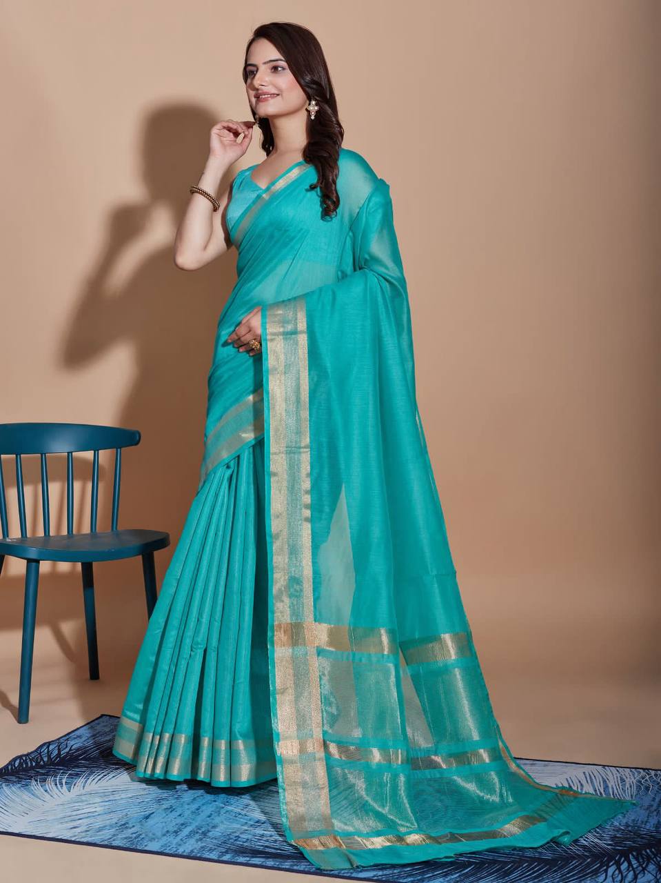 Cotton Blue Saree with Matching Blouse Colorful Saree