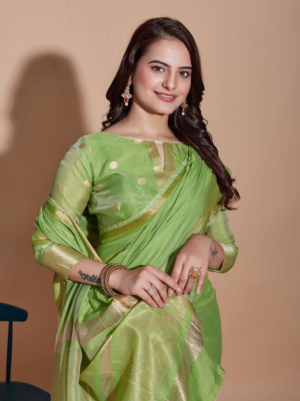 Cotton Green Saree with Matching Blouse Colorful Saree