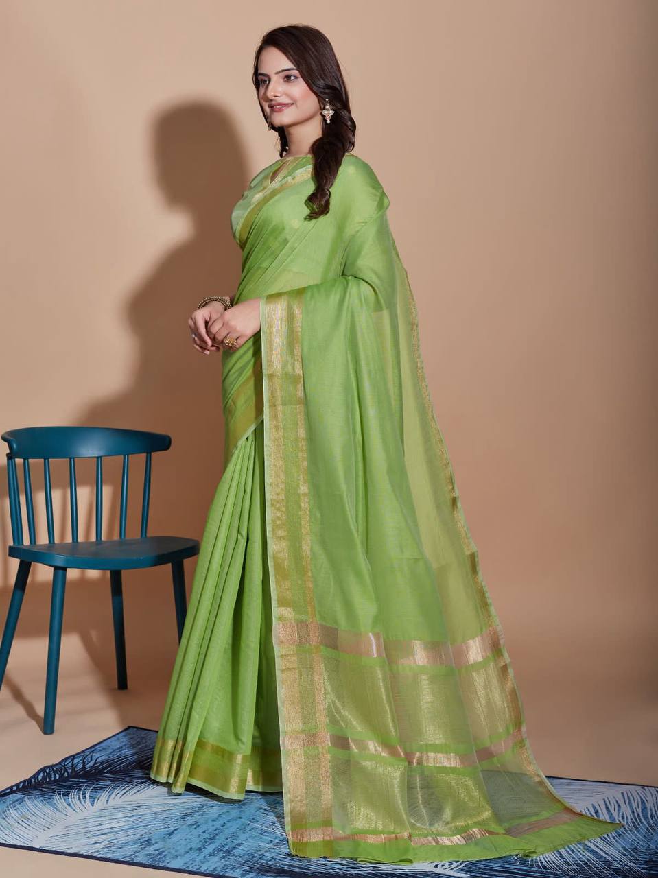 Cotton Green Saree with Matching Blouse Colorful Saree