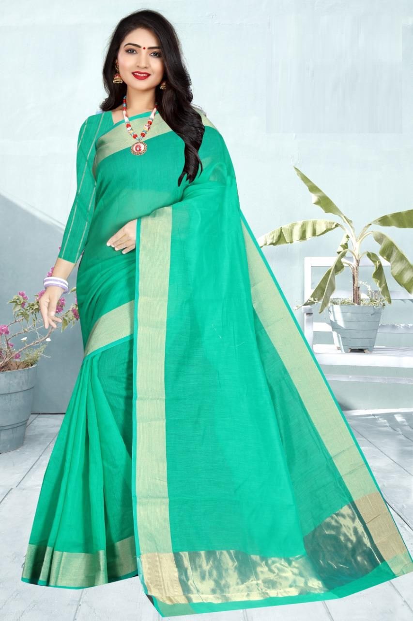 Cotton Green Saree with Matching Blouse Fabric Colorful Saree