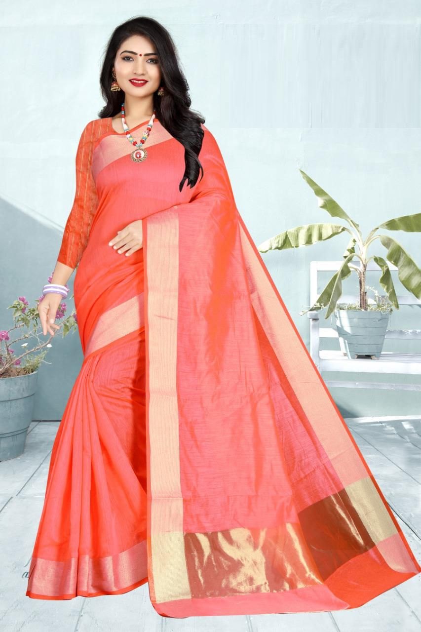 Cotton Orange Saree with Matching Blouse Fabric Colorful Saree