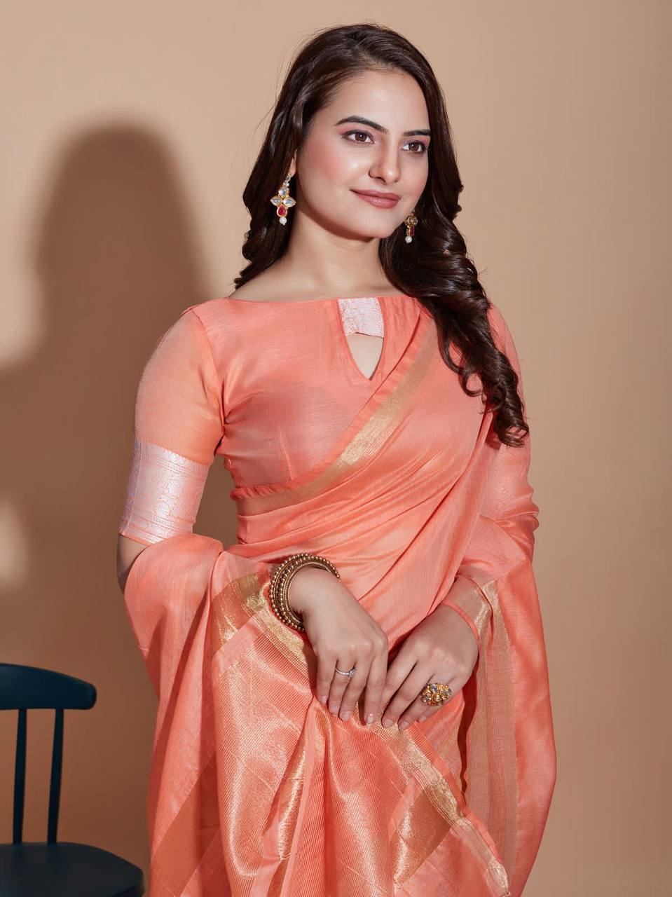 Cotton Peach Saree with Matching Blouse Colorful Saree