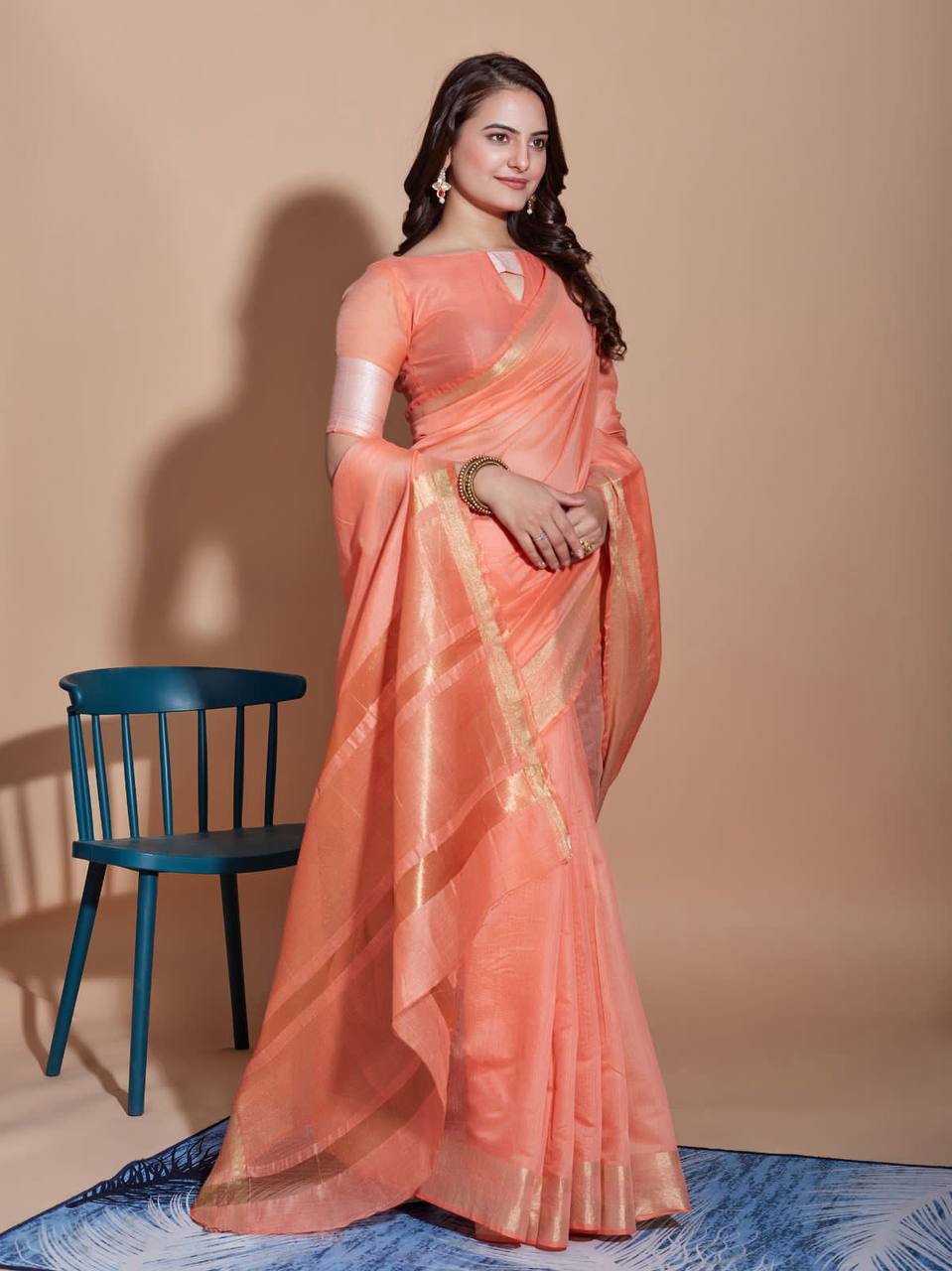 Cotton Peach Saree with Matching Blouse Colorful Saree