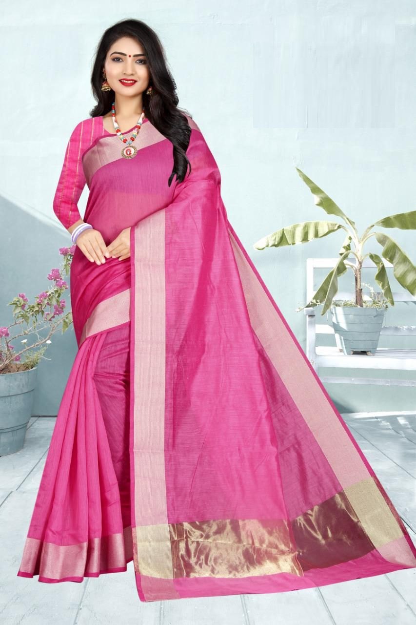 Cotton Pink Saree with Matching Blouse Fabric Colorful Saree