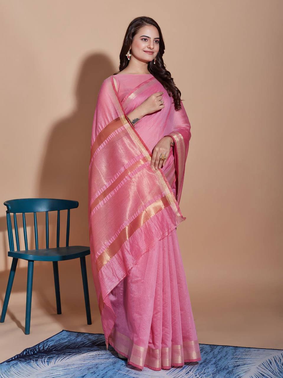 Cotton Pink Saree with Matching Blouse Colorful Saree