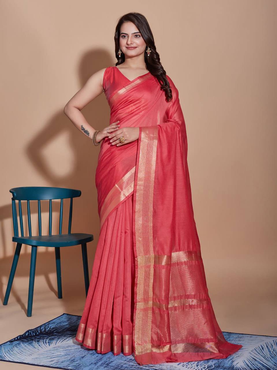 Cotton Red Saree with Matching Blouse Colorful Saree