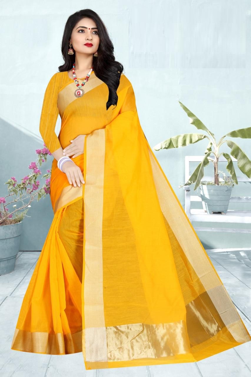 Cotton Yellow Saree with Matching Blouse Fabric Colorful Saree