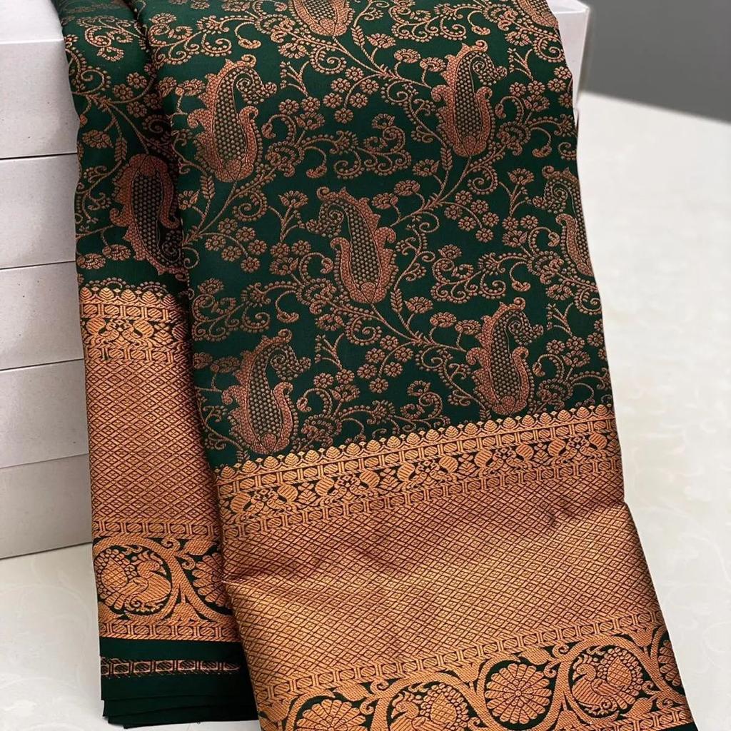 Dark Green Banarasi Soft Silk Saree with 5.5 Meters of Copper Zari Weaving Colorful Saree