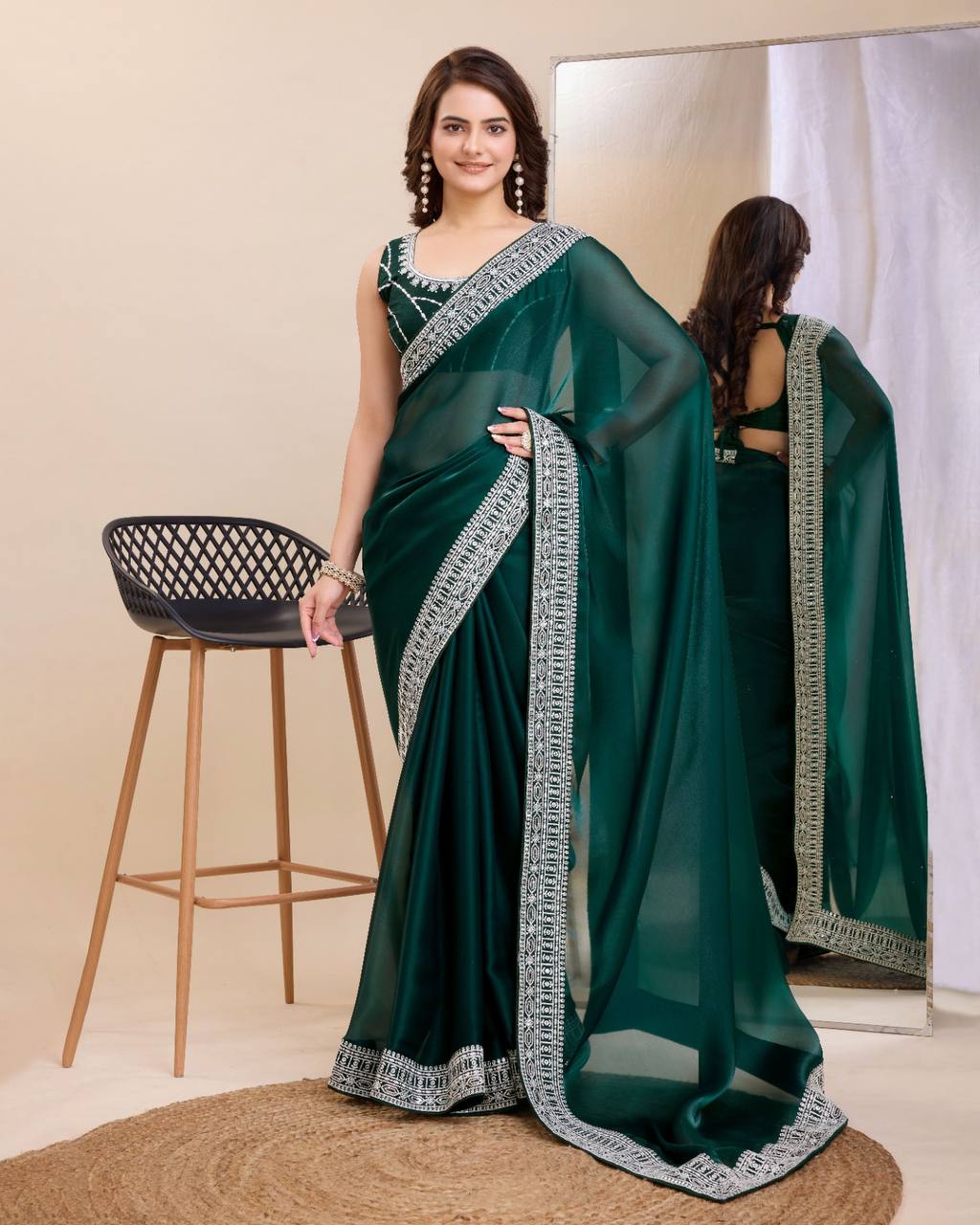 Dazzling Party Dark Green Saree: Exquisite Zimmy Chu Fabric with Embroidery Work Colorful Saree