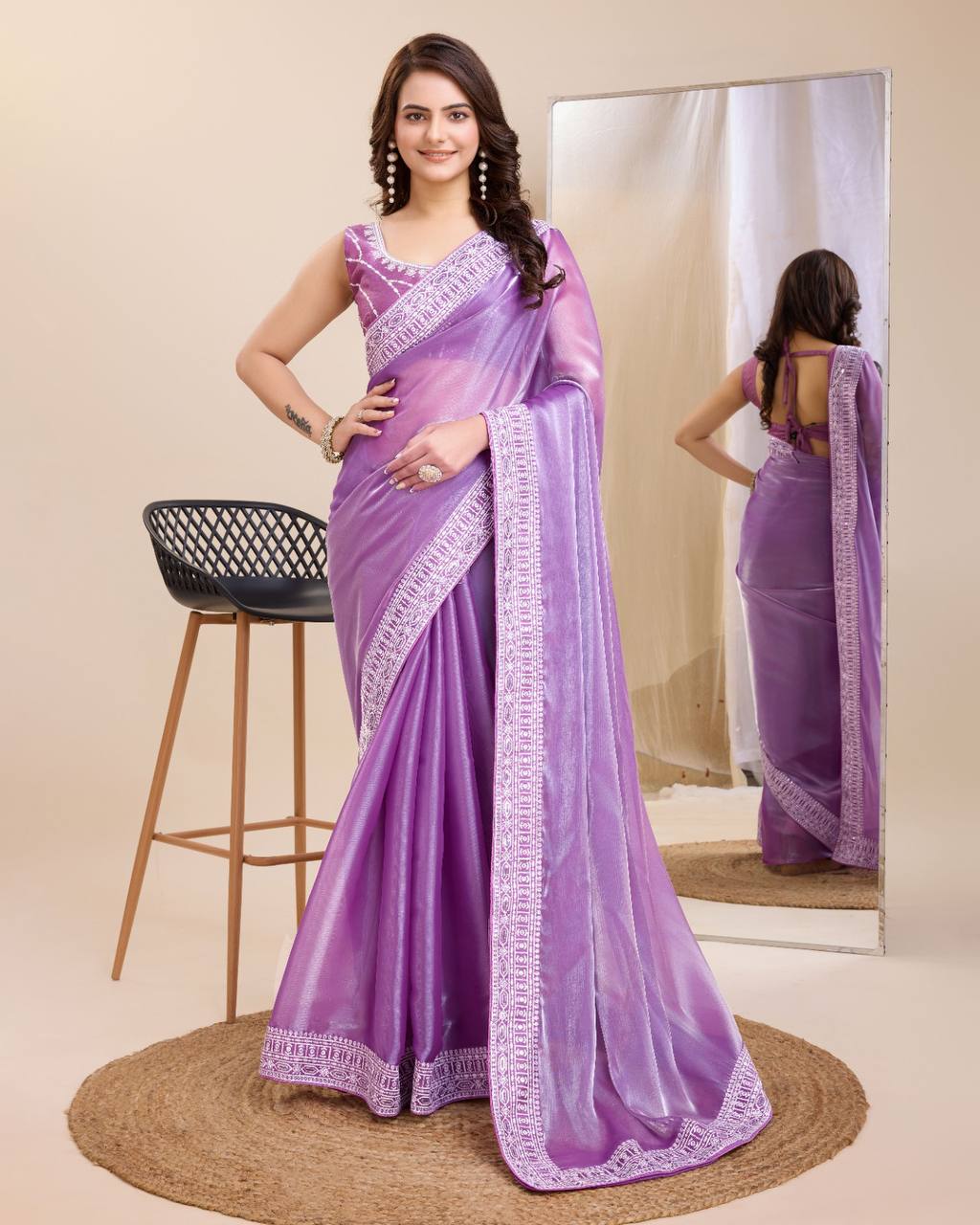 Dazzling Party Lavender Saree: Exquisite Zimmy Chu Fabric with Embroidery Work Colorful Saree