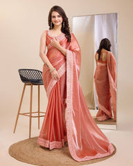 Dazzling Party Peach Saree: Exquisite Zimmy Chu Fabric with Embroidery Work Colorful Saree