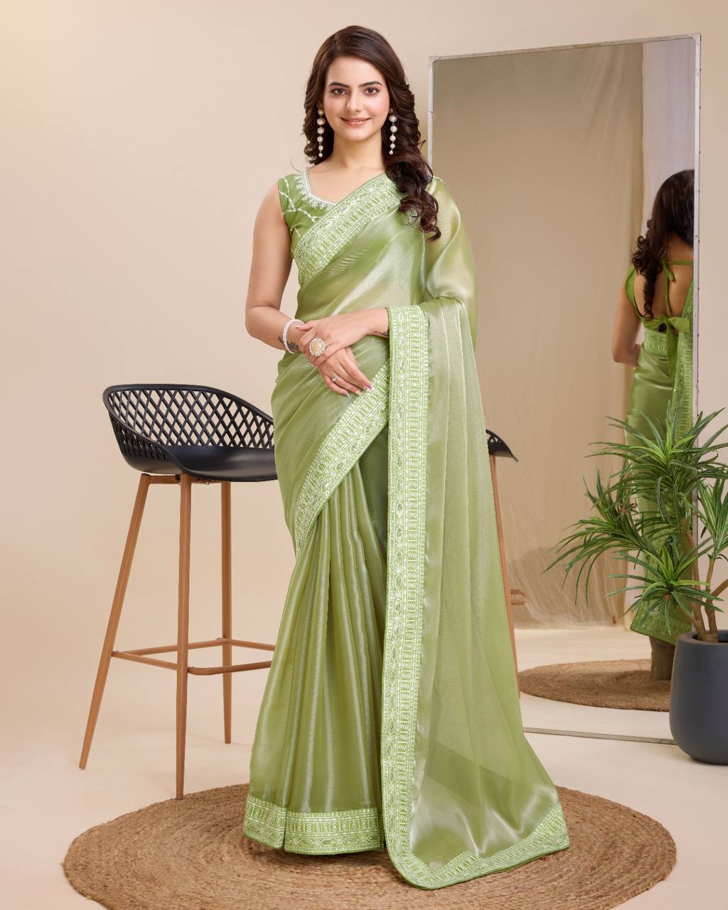 Dazzling Party Pista Green Saree: Exquisite Zimmy Chu Fabric with Embroidery Work Colorful Saree