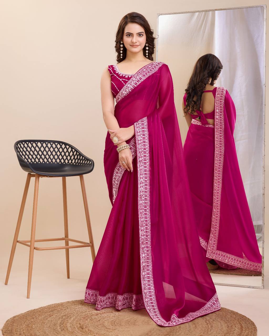 Dazzling Party Rani Pink Saree: Exquisite Zimmy Chu Fabric with Embroidery Work Colorful Saree