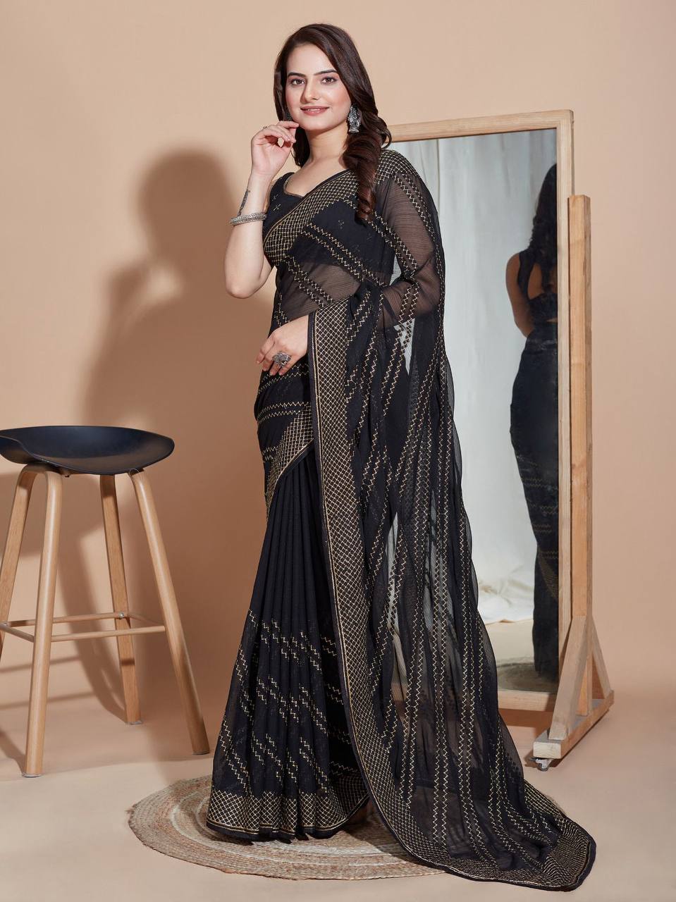 Dazzling Party Wear Black Saree: Exquisitely Embroidered Soft Zomato Silk Colorful Saree