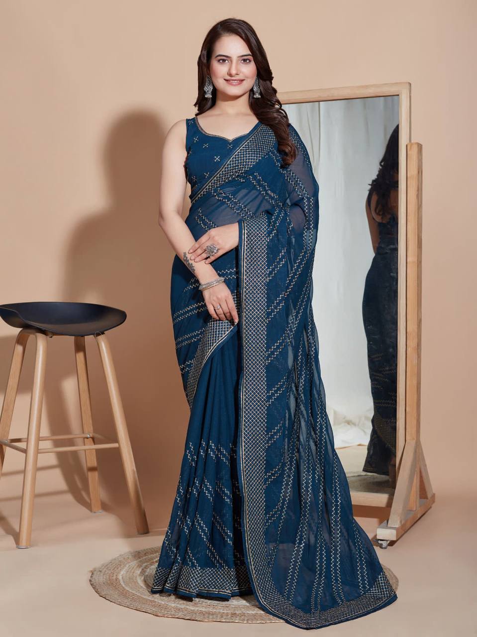 Dazzling Party Wear Dark Blue Saree: Exquisitely Embroidered Soft Zomato Silk Colorful Saree