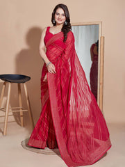 Dazzling Party Wear Red Saree: Exquisitely Embroidered Soft Zomato Silk Colorful Saree