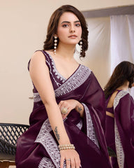 Dazzling Party Wine Saree: Exquisite Zimmy Chu Fabric with Embroidery Work Colorful Saree