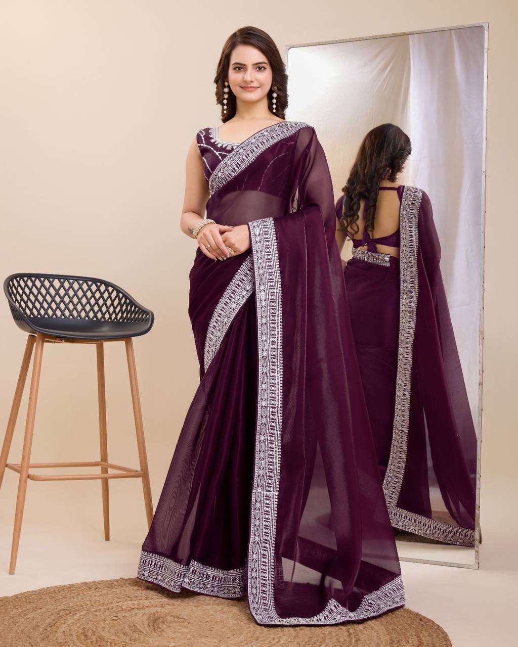 Dazzling Party Wine Saree: Exquisite Zimmy Chu Fabric with Embroidery Work Colorful Saree