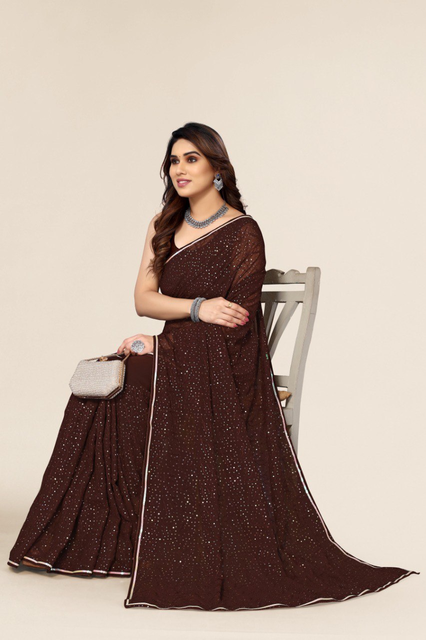 Dazzling Sequin Brown Saree with Embroidered Blouse Colorful Saree