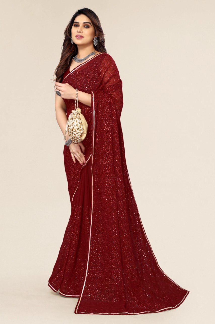 Dazzling Sequin Maroon Saree with Embroidered Blouse Colorful Saree