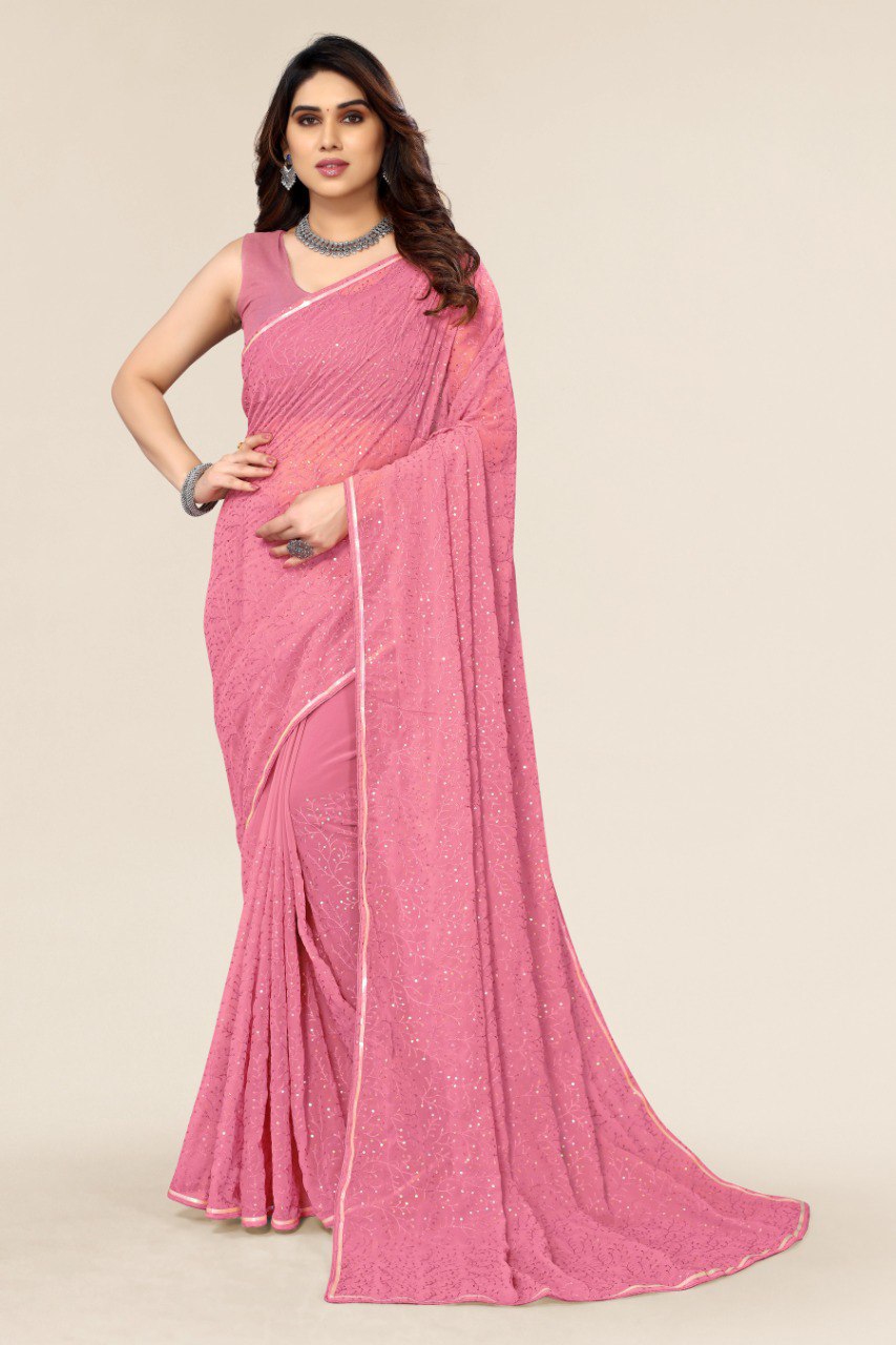 Dazzling Sequin Pink Saree with Embroidered Blouse Colorful Saree