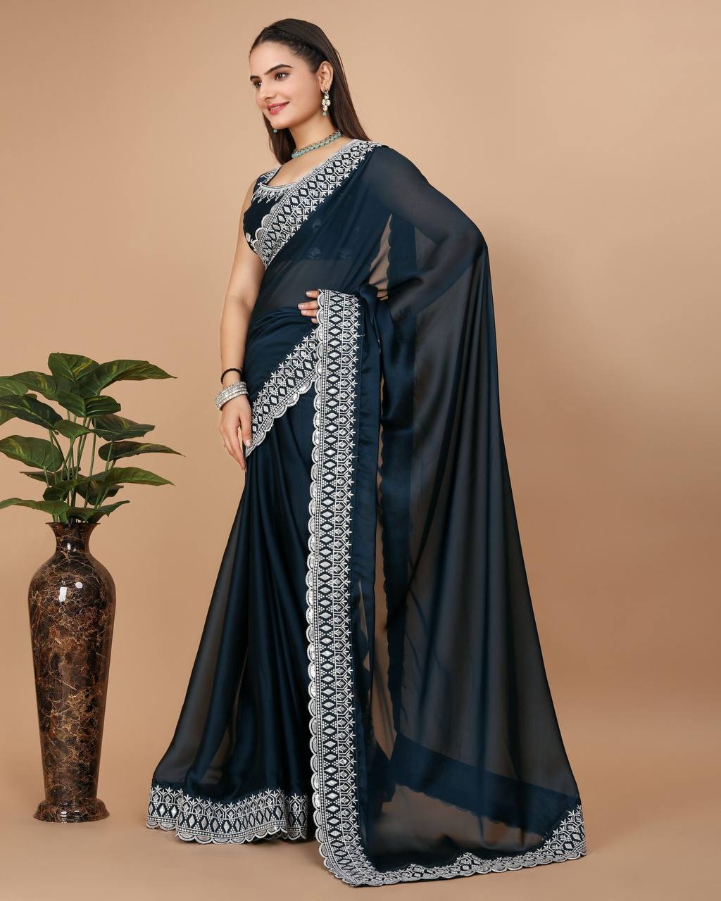 Dazzling White Embroidered Soft Rangoli Silk Blue Saree with Cutwork Border Colorful Saree