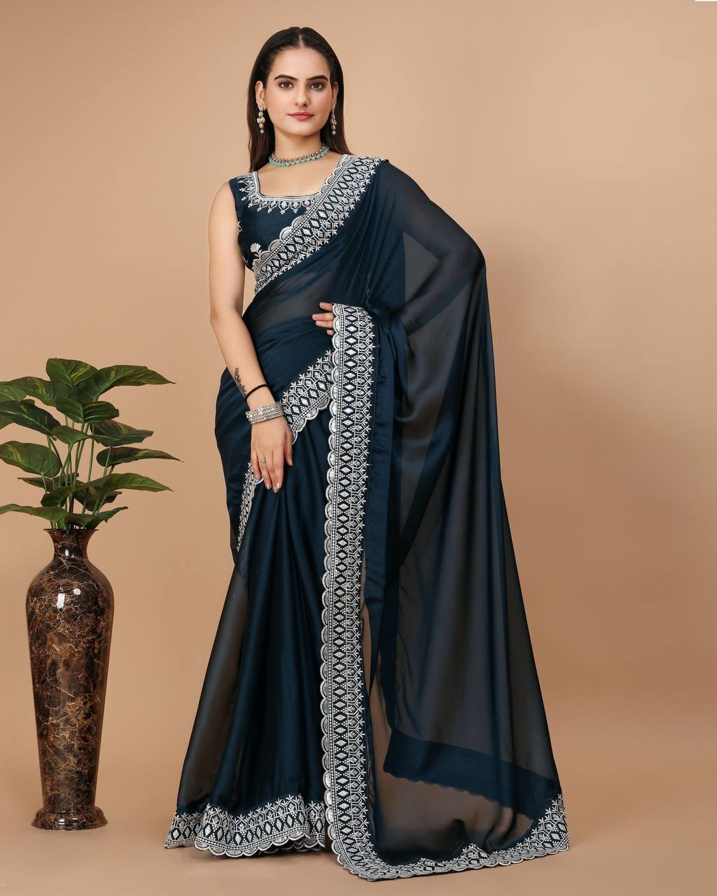 Dazzling White Embroidered Soft Rangoli Silk Blue Saree with Cutwork Border Colorful Saree