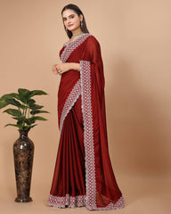 Dazzling White Embroidered Soft Rangoli Silk Red Saree with Cutwork Border Colorful Saree