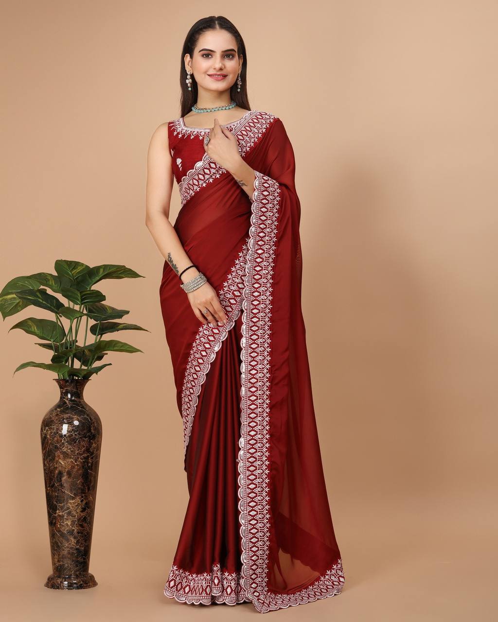 Dazzling White Embroidered Soft Rangoli Silk Red Saree with Cutwork Border Colorful Saree