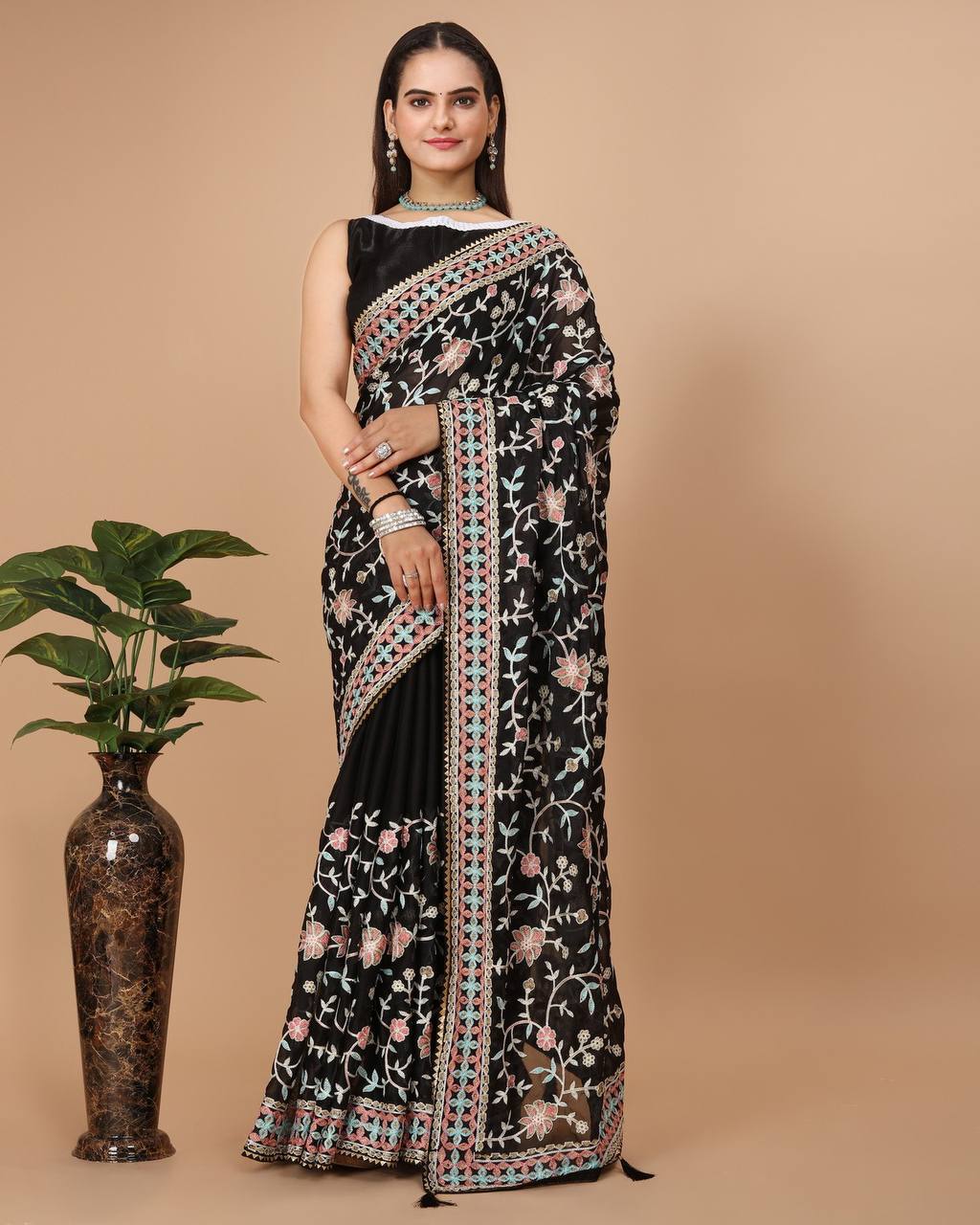 Dazzling White Multicolor Embroidered Soft Rangoli Silk Black Saree with Heavy Embroidery Blouse Colorful Saree