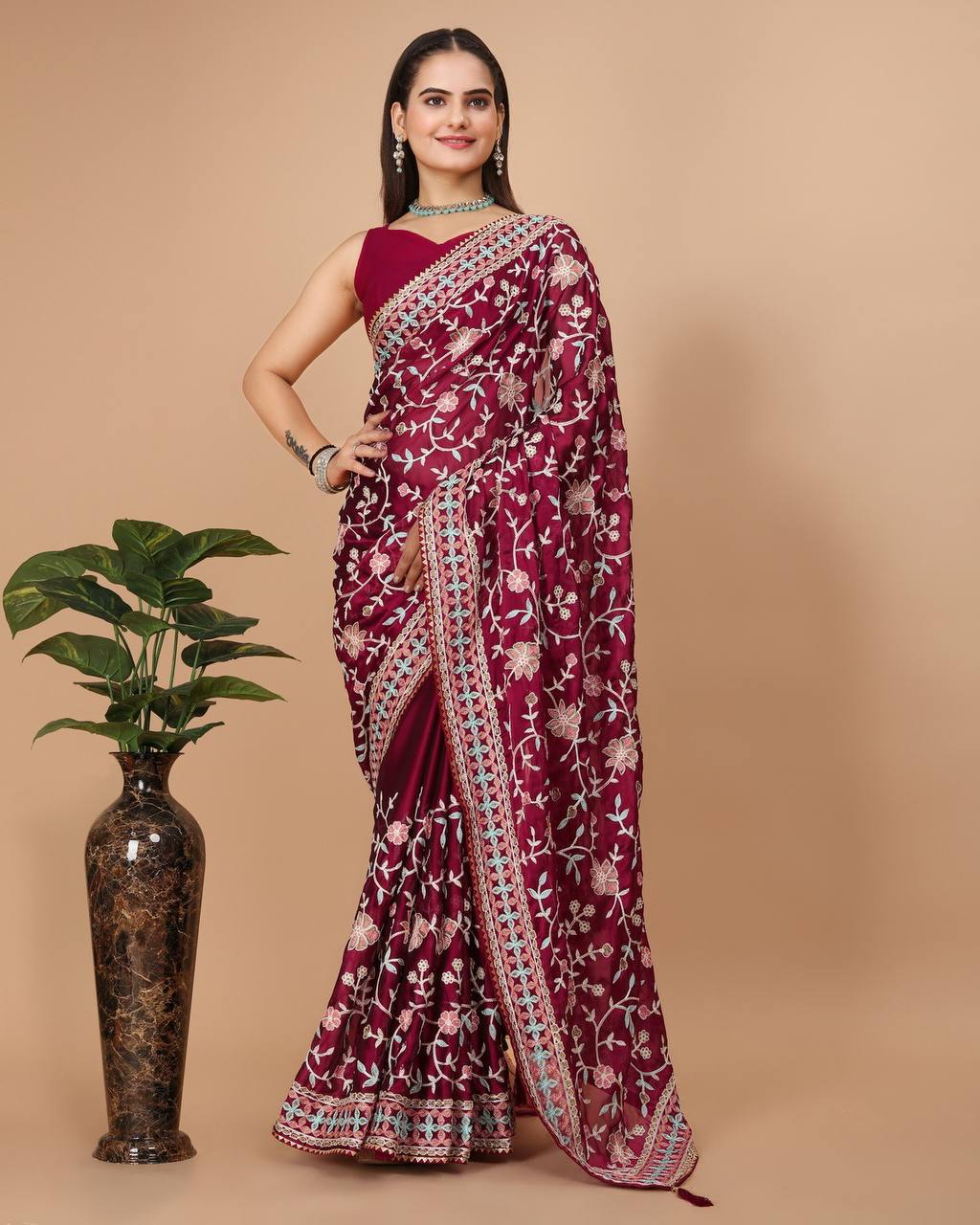 Dazzling White Multicolor Embroidered Soft Rangoli Silk Pink Saree with Heavy Embroidery Blouse Colorful Saree