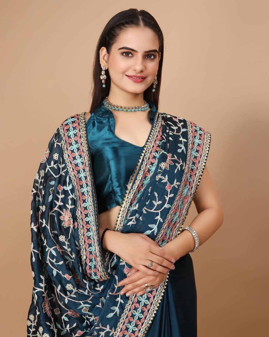 Dazzling White Multicolor Embroidered Soft Rangoli Silk Teal Blue Saree with Heavy Embroidery Blouse Colorful Saree