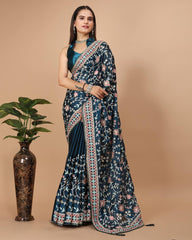 Dazzling White Multicolor Embroidered Soft Rangoli Silk Teal Blue Saree with Heavy Embroidery Blouse Colorful Saree