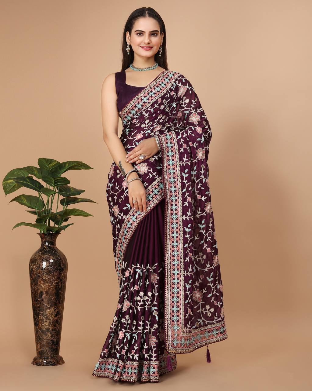 Dazzling White Multicolor Embroidered Soft Rangoli Silk Wine Saree with Heavy Embroidery Blouse Colorful Saree