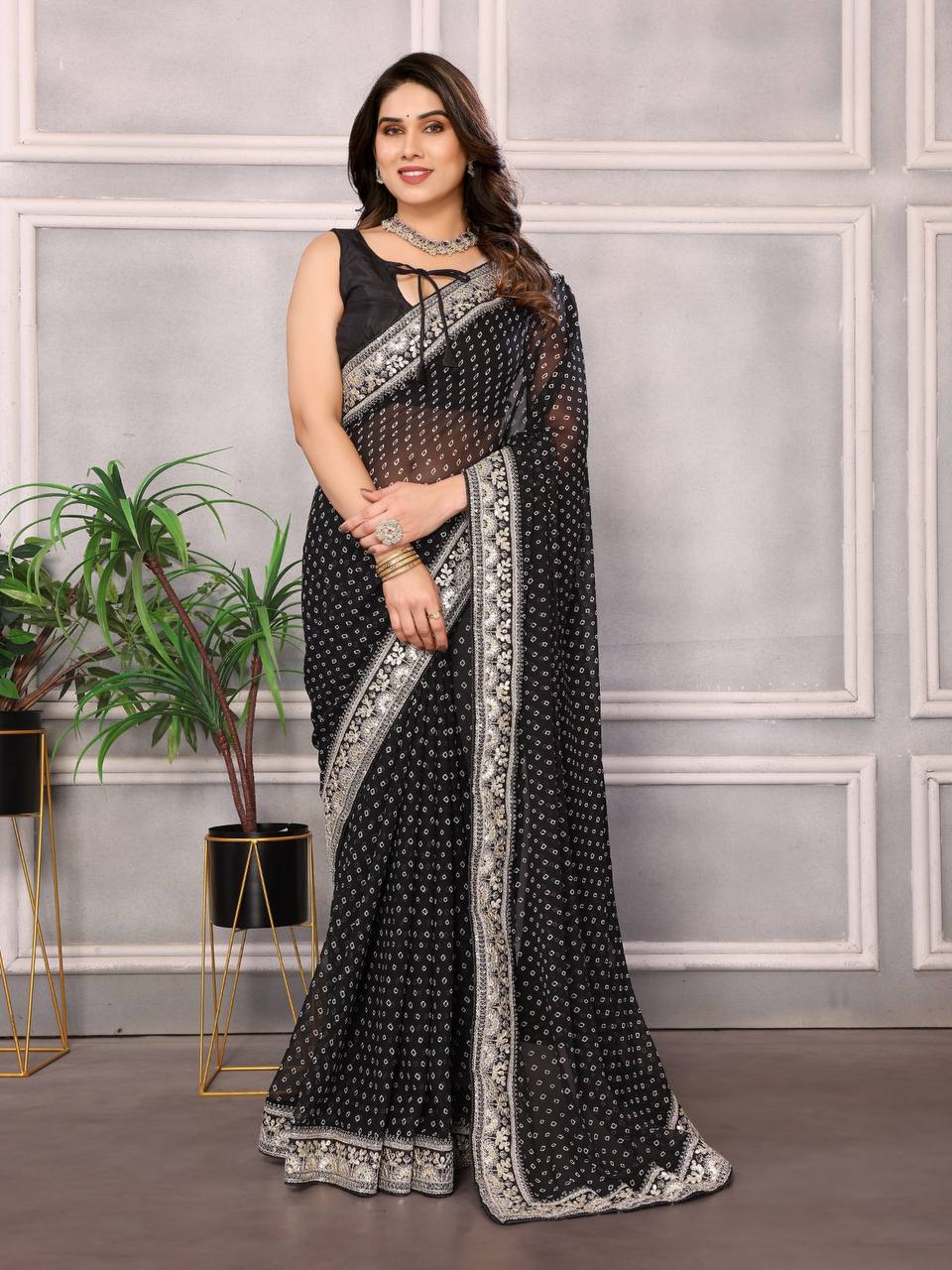 Digital Bandhej Print Georgette Black Saree with Gota Patti Lace Border and Mono Banglory Blouse Colorful Saree