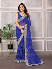 Digital Bandhej Print Georgette Blue Saree with Gota Patti Lace Border and Mono Banglory Blouse Colorful Saree