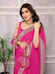 Digital Bandhej Print Georgette Pink Saree with Gota Patti Lace Border and Mono Banglory Blouse Colorful Saree