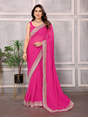 Digital Bandhej Print Georgette Pink Saree with Gota Patti Lace Border and Mono Banglory Blouse Colorful Saree