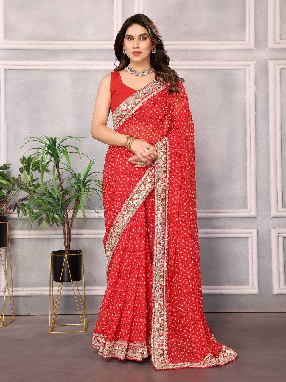 Digital Bandhej Print Georgette Red Saree with Gota Patti Lace Border and Mono Banglory Blouse Colorful Saree