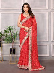 Digital Bandhej Print Georgette Red Saree with Gota Patti Lace Border and Mono Banglory Blouse Colorful Saree