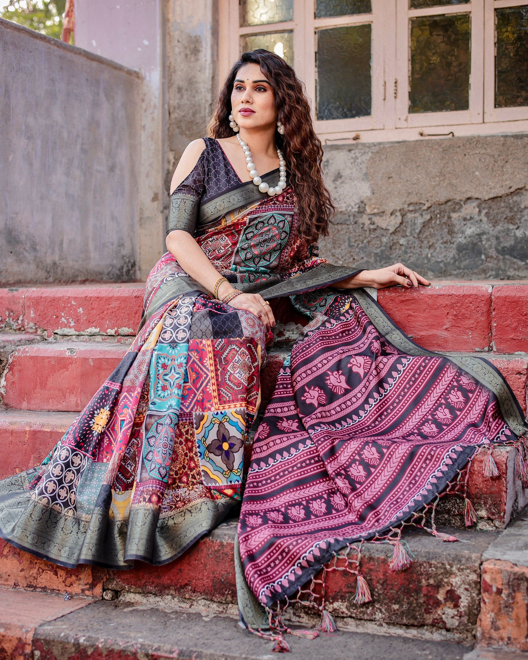 Digital Printed Pure Silk Saree with Brocade Blouse and Enchanting Tassels Colorful Saree