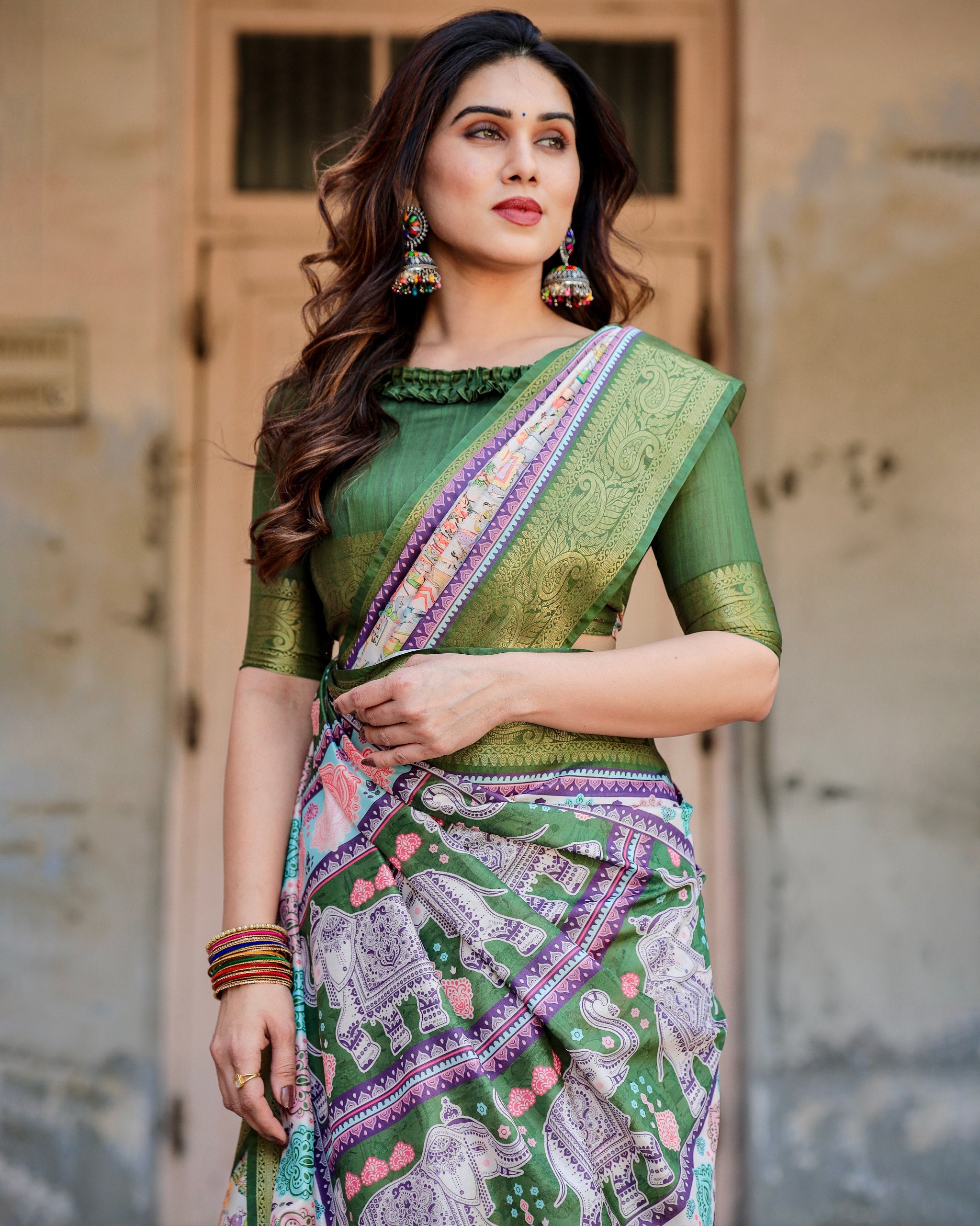 Digital Printed Pure Silk Saree with Brocade Blouse Colorful Saree